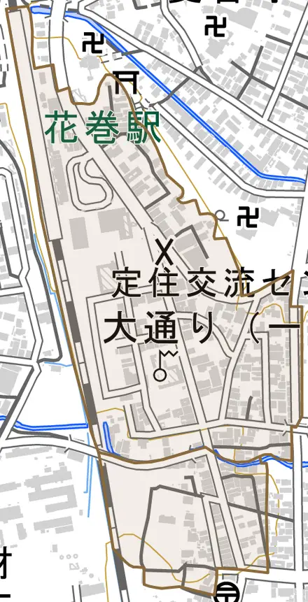 大通りとその周辺の地図。町の範囲を重ねている