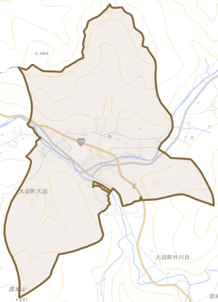 大迫町大迫とその周辺の地図。町の範囲を重ねている