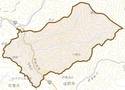大迫町外川目とその周辺の地図。町の範囲を重ねている