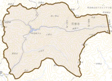 大迫町内川目とその周辺の地図。町の範囲を重ねている