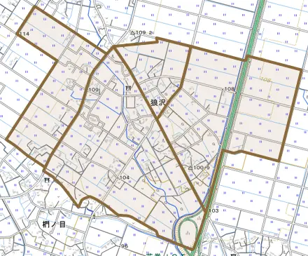 狼沢とその周辺の地図。町の範囲を重ねている
