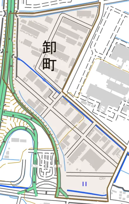 卸町とその周辺の地図。町の範囲を重ねている