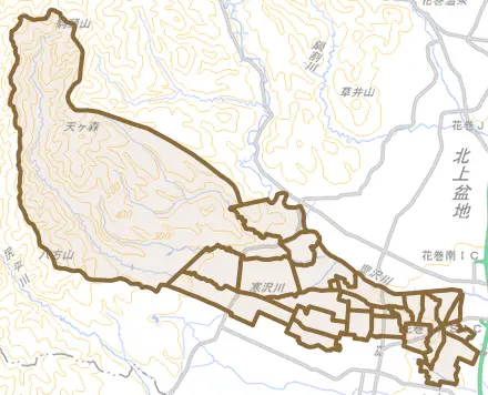 太田とその周辺の地図。町の範囲を重ねている