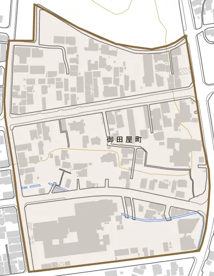 御田屋町とその周辺の地図。町の範囲を重ねている