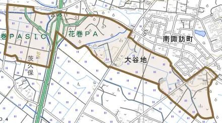 大谷地とその周辺の地図。町の範囲を重ねている