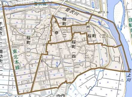 桜町とその周辺の地図。町の範囲を重ねている