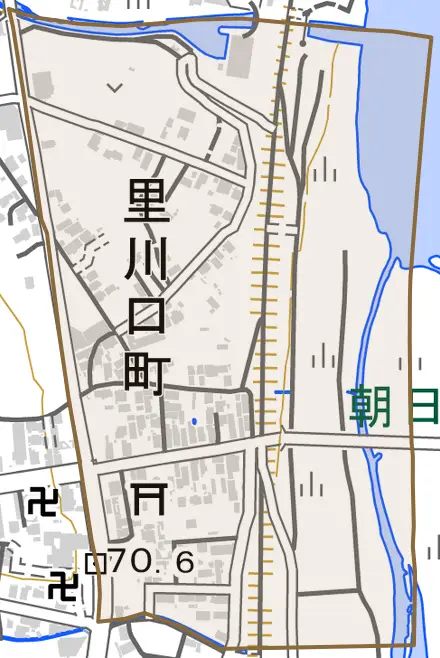 里川口町とその周辺の地図。町の範囲を重ねている