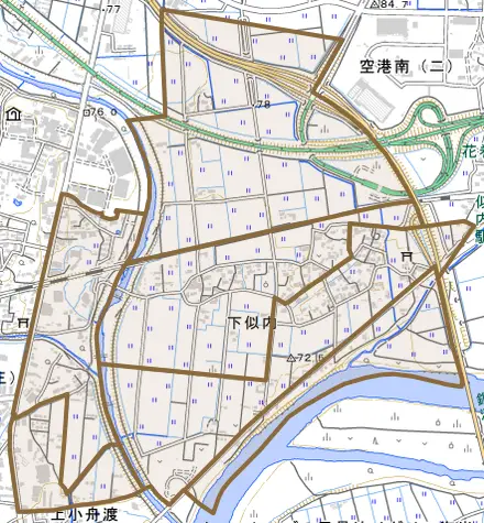 下似内とその周辺の地図。町の範囲を重ねている