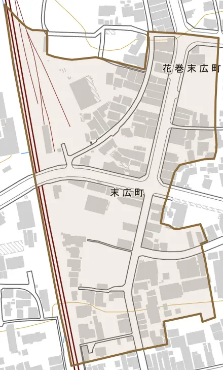 末広町とその周辺の地図。町の範囲を重ねている