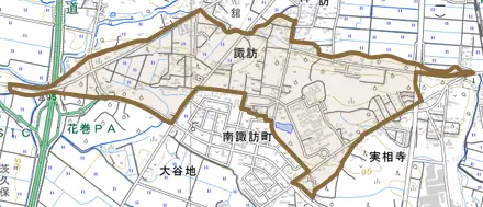 諏訪とその周辺の地図。町の範囲を重ねている