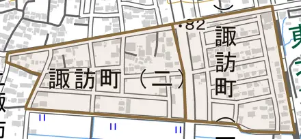諏訪町とその周辺の地図。町の範囲を重ねている