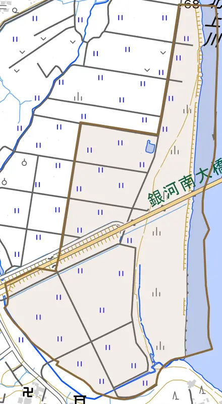 外台川原とその周辺の地図。町の範囲を重ねている