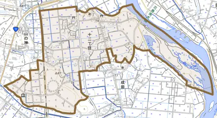 十二丁目とその周辺の地図。町の範囲を重ねている