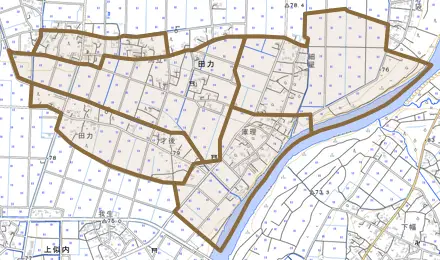 田力とその周辺の地図。町の範囲を重ねている