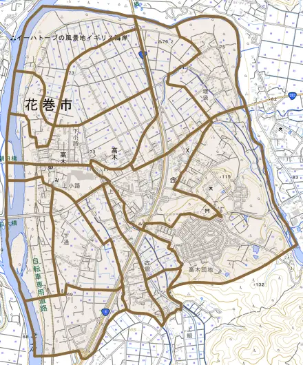 高木とその周辺の地図。町の範囲を重ねている