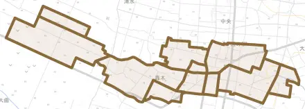 轟木とその周辺の地図。町の範囲を重ねている