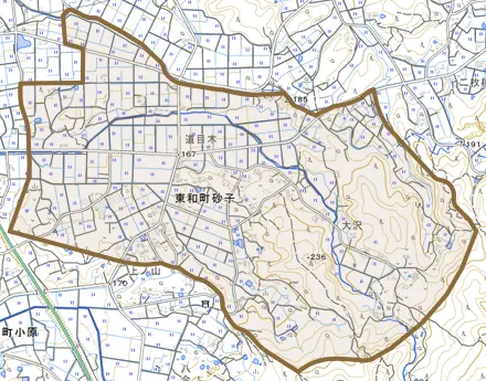東和町砂子とその周辺の地図。町の範囲を重ねている