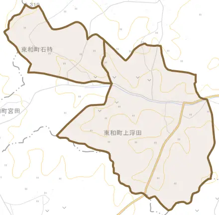 東和町上浮田とその周辺の地図。町の範囲を重ねている