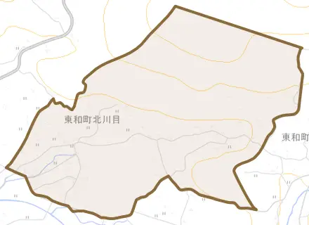 東和町北川目とその周辺の地図。町の範囲を重ねている