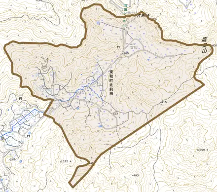 東和町北前田とその周辺の地図。町の範囲を重ねている