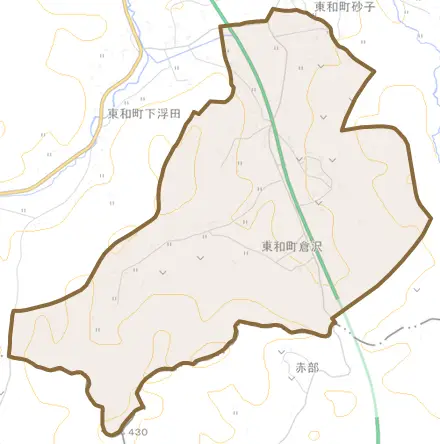 東和町倉沢とその周辺の地図。町の範囲を重ねている