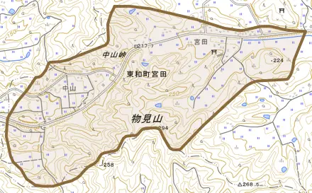 東和町宮田とその周辺の地図。町の範囲を重ねている