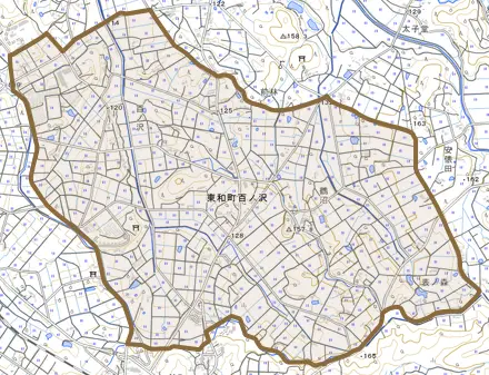 東和町百ノ沢とその周辺の地図。町の範囲を重ねている