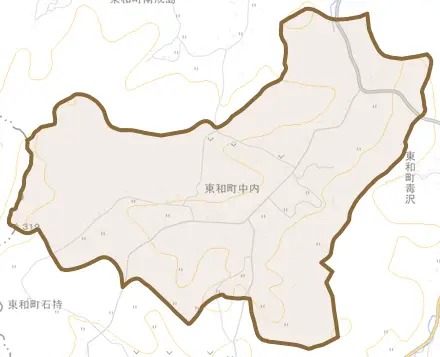東和町中内とその周辺の地図。町の範囲を重ねている