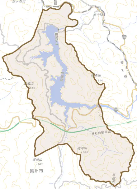 東和町田瀬とその周辺の地図。町の範囲を重ねている