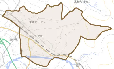 東和町土沢とその周辺の地図。町の範囲を重ねている