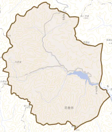 豊沢とその周辺の地図。町の範囲を重ねている