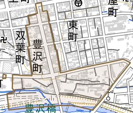 豊沢町とその周辺の地図。町の範囲を重ねている