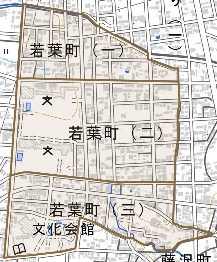 若葉町とその周辺の地図。町の範囲を重ねている