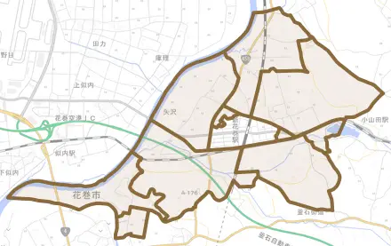 矢沢とその周辺の地図。町の範囲を重ねている
