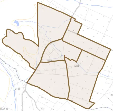横志田とその周辺の地図。町の範囲を重ねている