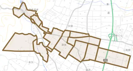 湯本とその周辺の地図。町の範囲を重ねている