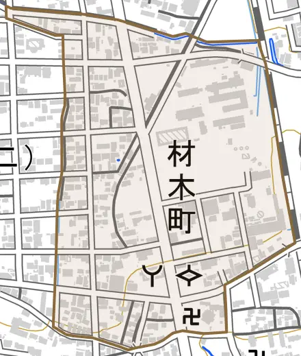 材木町とその周辺の地図。町の範囲を重ねている