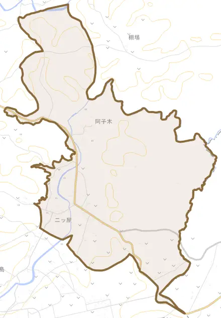 阿子木とその周辺の地図。町の範囲を重ねている