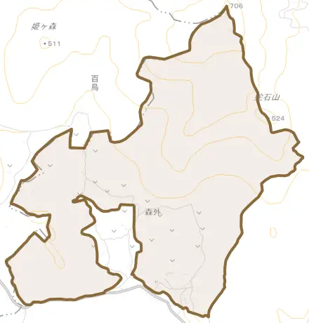上舘とその周辺の地図。町の範囲を重ねている