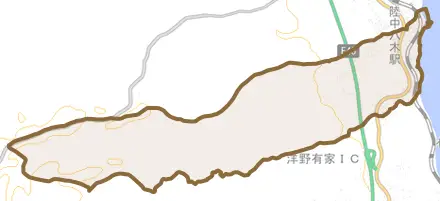 小子内とその周辺の地図。町の範囲を重ねている