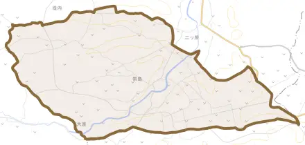 帯島とその周辺の地図。町の範囲を重ねている
