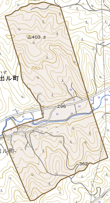 出ル町とその周辺の地図。町の範囲を重ねている