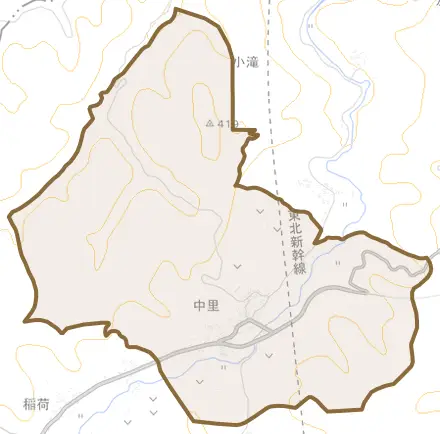 中里とその周辺の地図。町の範囲を重ねている