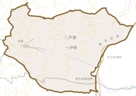 奥中山とその周辺の地図。町の範囲を重ねている