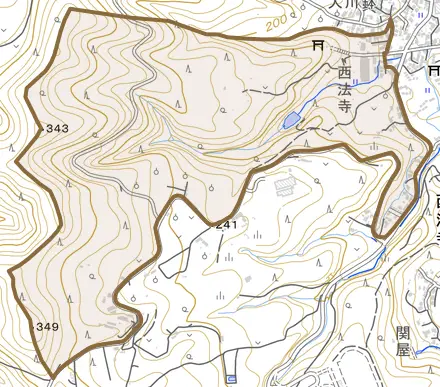 西法寺とその周辺の地図。町の範囲を重ねている