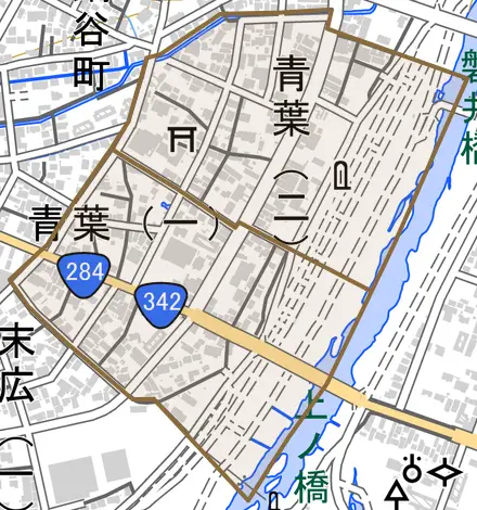青葉とその周辺の地図。町の範囲を重ねている