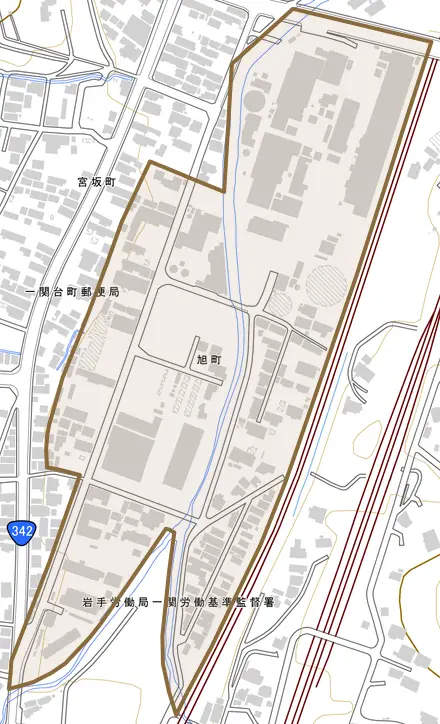 旭町とその周辺の地図。町の範囲を重ねている