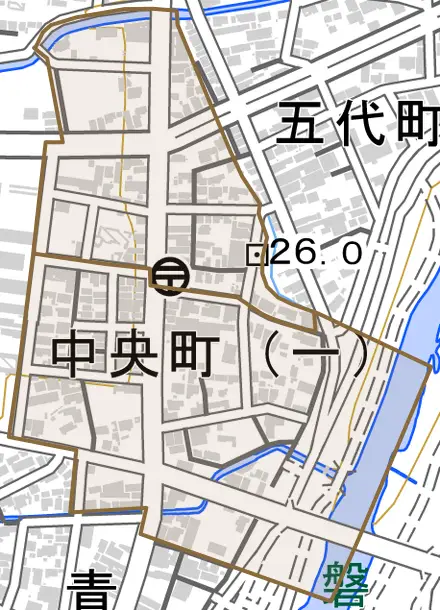 中央町とその周辺の地図。町の範囲を重ねている