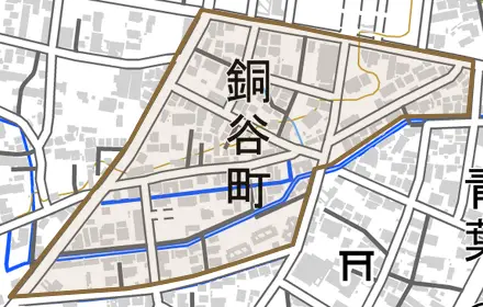 銅谷町とその周辺の地図。町の範囲を重ねている
