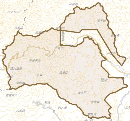 厳美町とその周辺の地図。町の範囲を重ねている